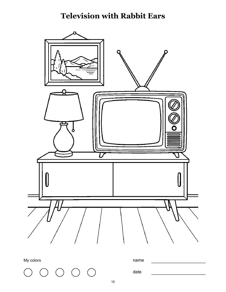 Sample coloring page of a vintage television on a cabinet