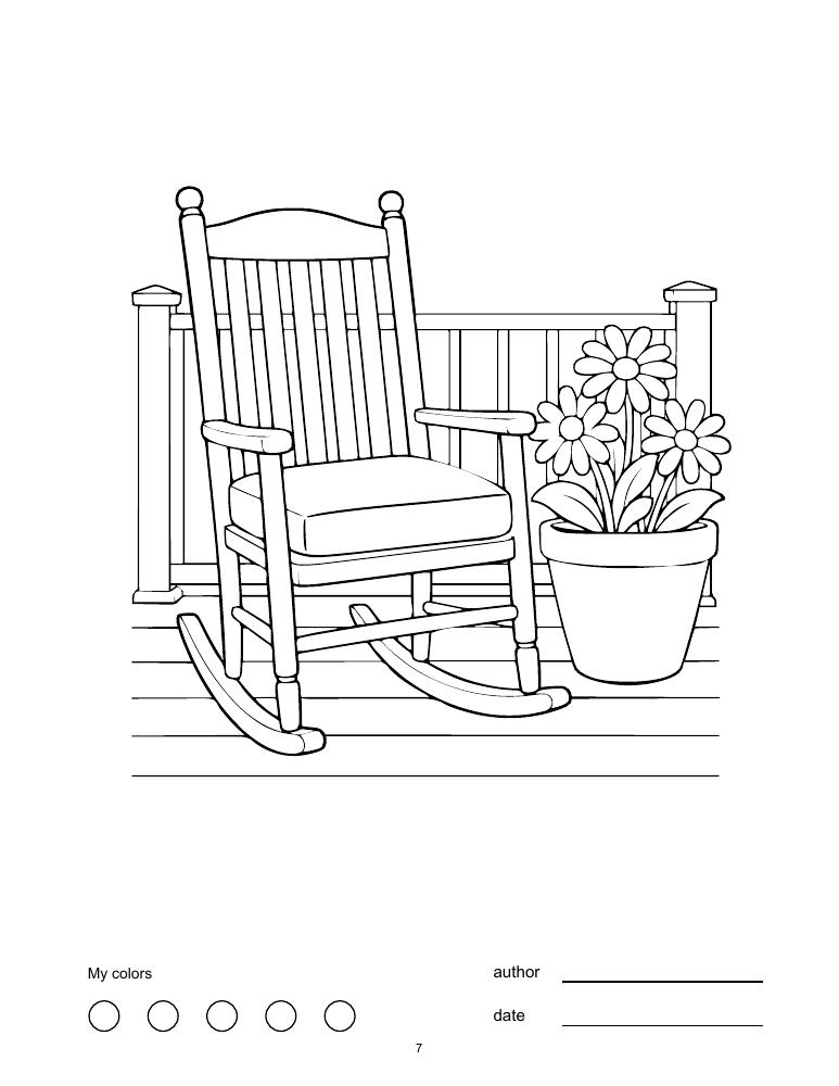 Sample coloring page of a rocking chair and flowers