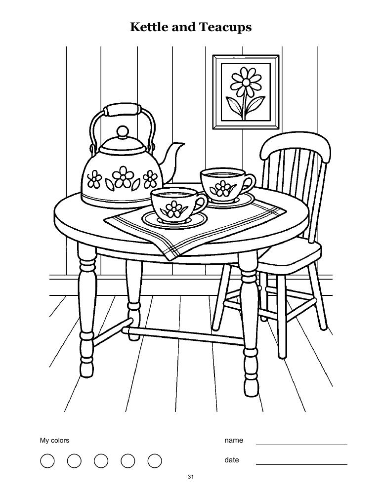 Sample coloring page of a kettle and teacups on a table